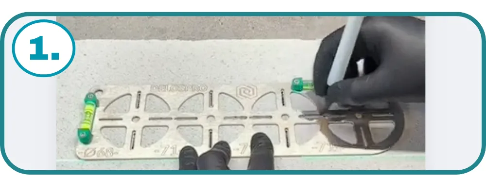 Trasowanie otworów pod puszki 68 mm z użyciem szablonu DELOSPRO – rozstaw 71 mm