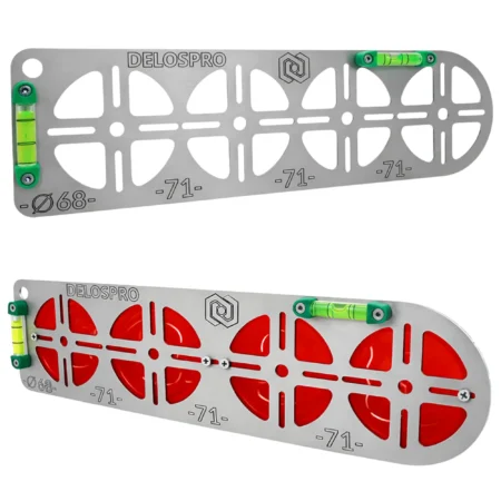 Szablon do wymiarowania otworów puszek elektrycznych 68 mm – wzornik 4 otworów, nierdzewny Szablon do wymiarowania 4 otworów pod puszki elektryczne 68 mm, nierdzewny, z poziomicą – szablon montażowy dla elektryka