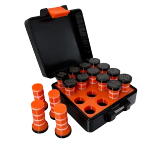 Zestaw pionków montażowych do poziomowania mebli w praktycznej walizce transportowej