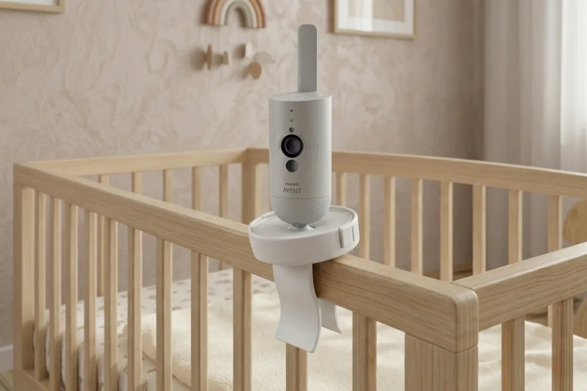 klips do niani philips avent scd971 scd973 zamontowany na łóżeczku dziecka