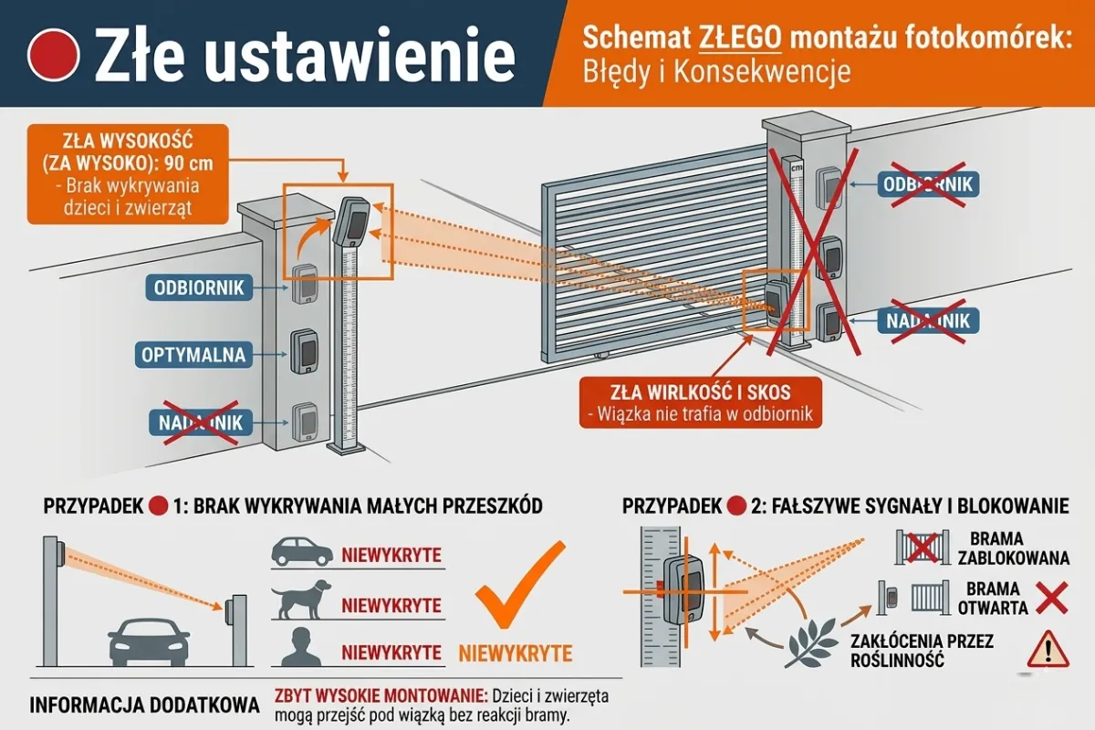 złe ustawienie fotokomórki do bramy