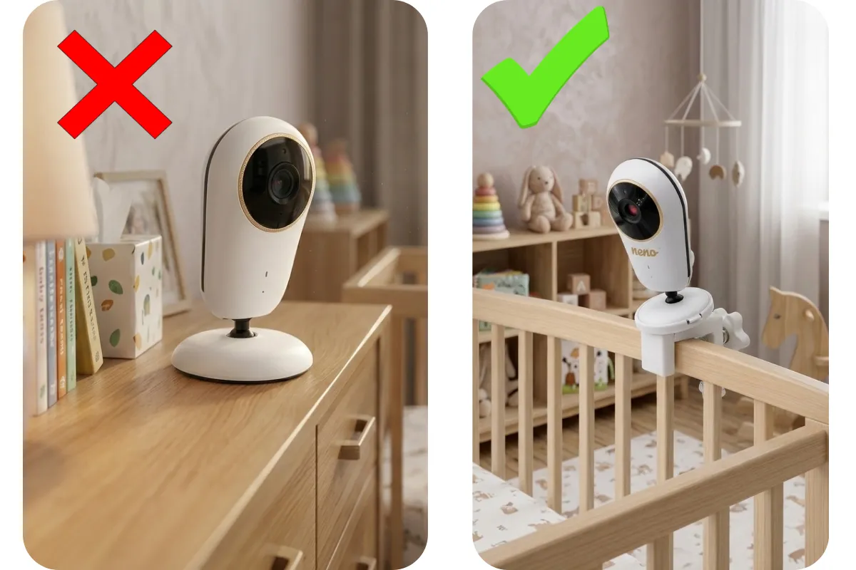 Błędny montaż kamery niani elektronicznej zbyt nisko przy łóżeczku