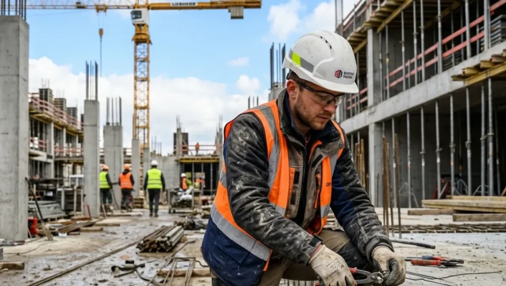 kask budowlany bhp podczas pracy na budowie