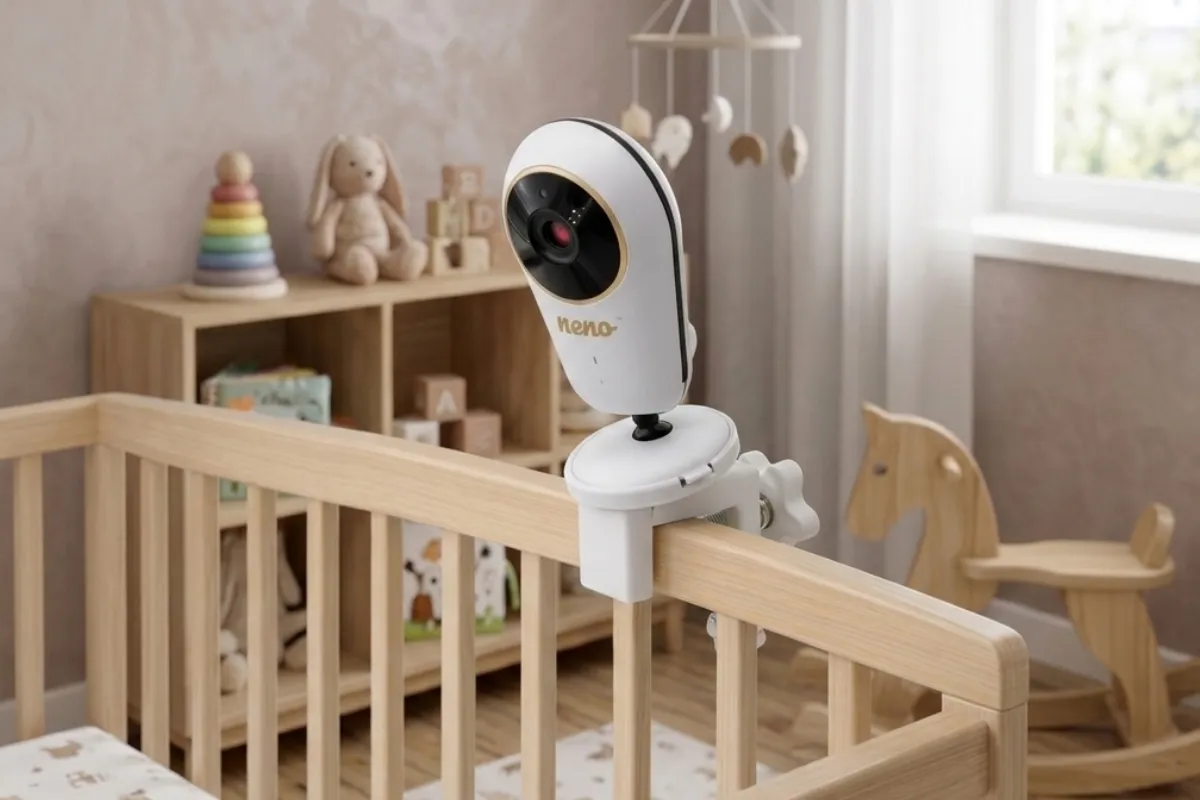 Niski uchwyt do niani elektronicznej Neno Vera przy łóżeczku dziecka