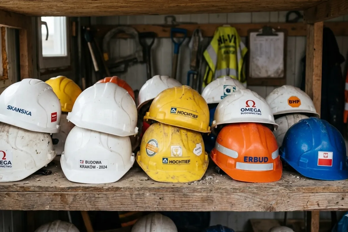 przechowywanie kasków bhp na półce w warsztacie