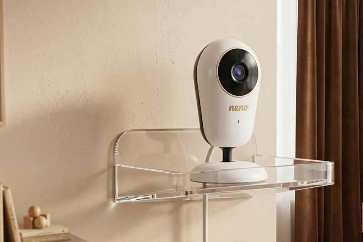 Klasyczny uchwyt do niani elektronicznej Neno Vera zamontowany obok łóżeczka