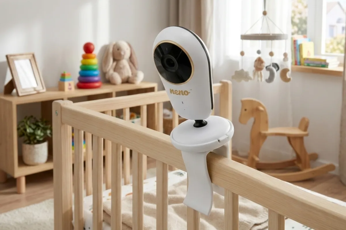 Uchwyt klips do niani elektronicznej Neno Vera zamontowany przy łóżeczku