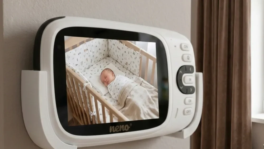 Widok z kamery niani elektronicznej na całe łóżeczko dziecka