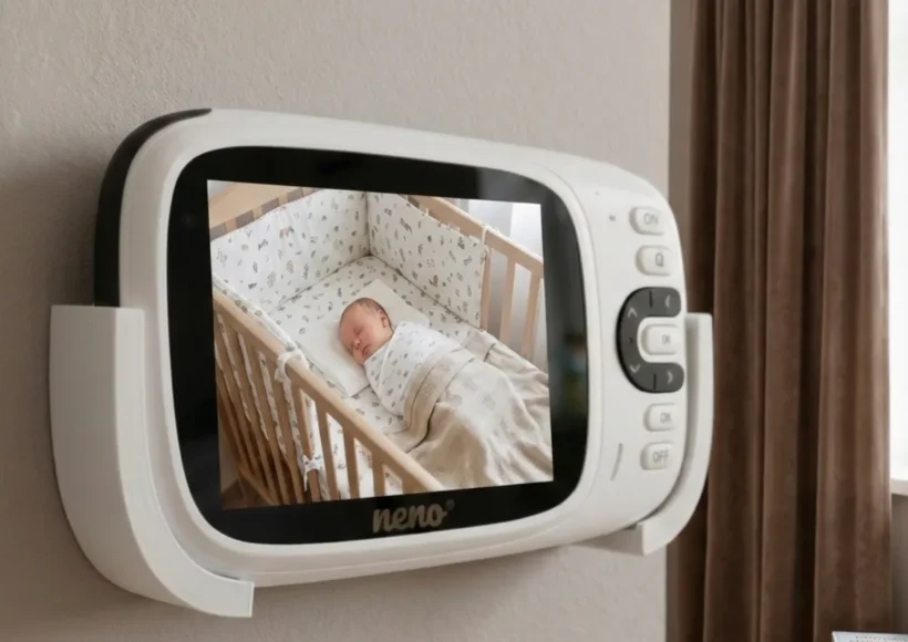Widok z kamery niani elektronicznej na całe łóżeczko dziecka