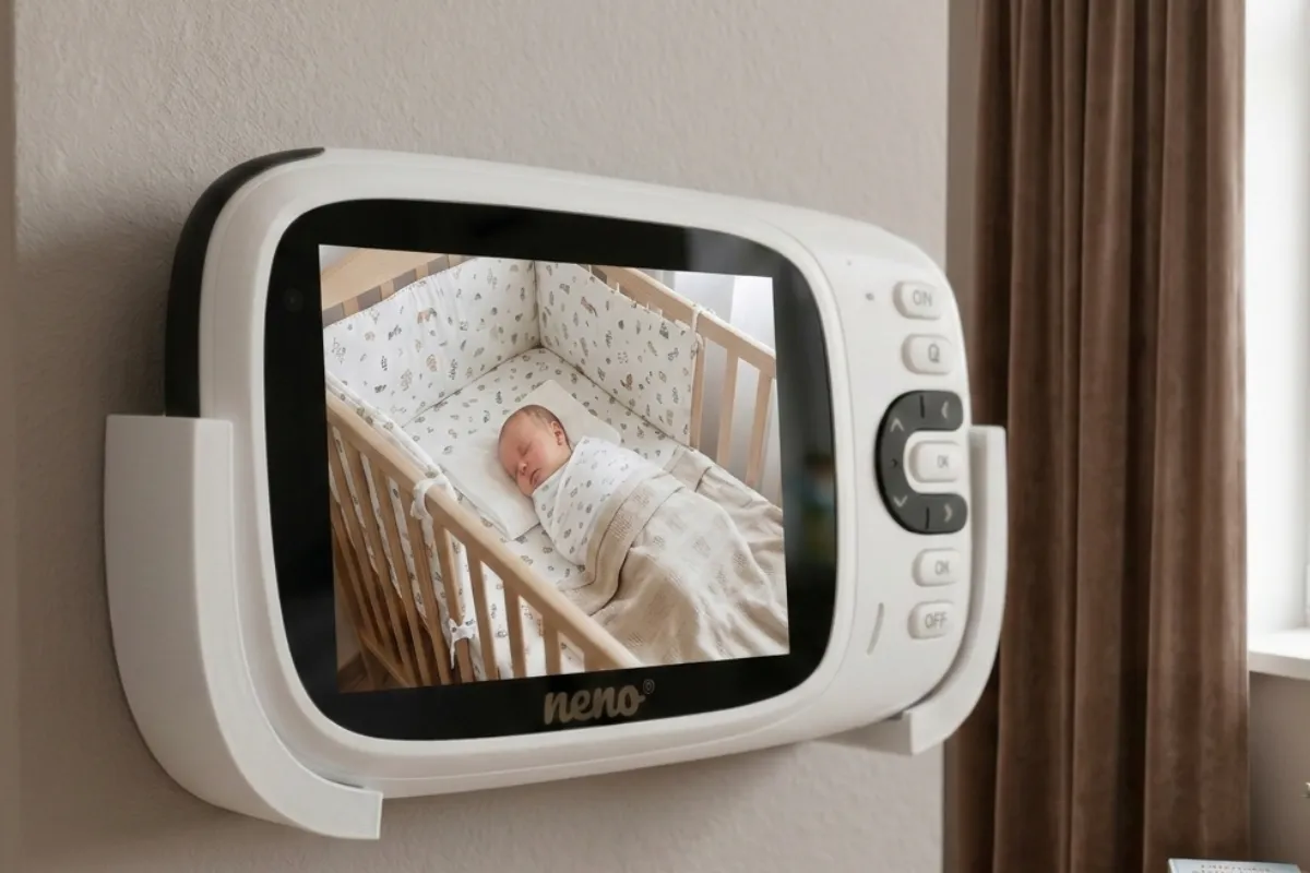 Widok z kamery niani elektronicznej na całe łóżeczko dziecka